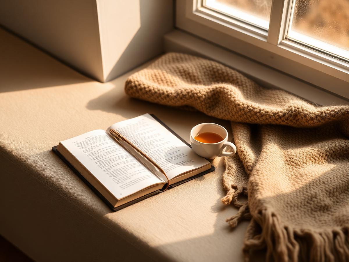 A journal, tea, and soft blanket in warm window light