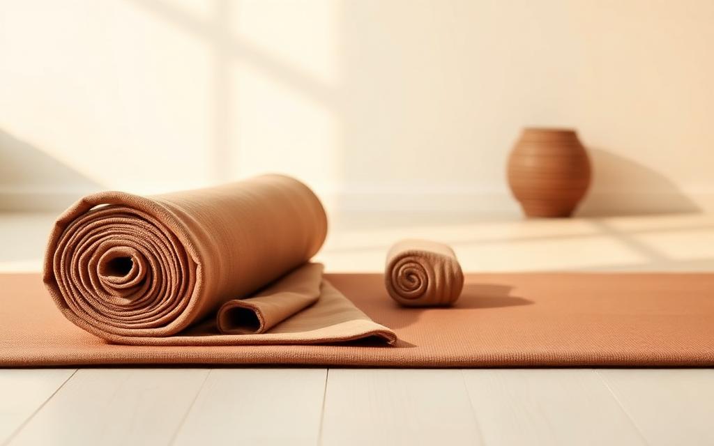 A yoga mat, bolster, and blanket prepared for practice