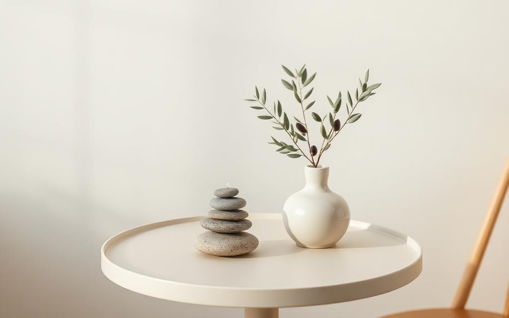 Balanced stones and an olive branch in a tranquil setting