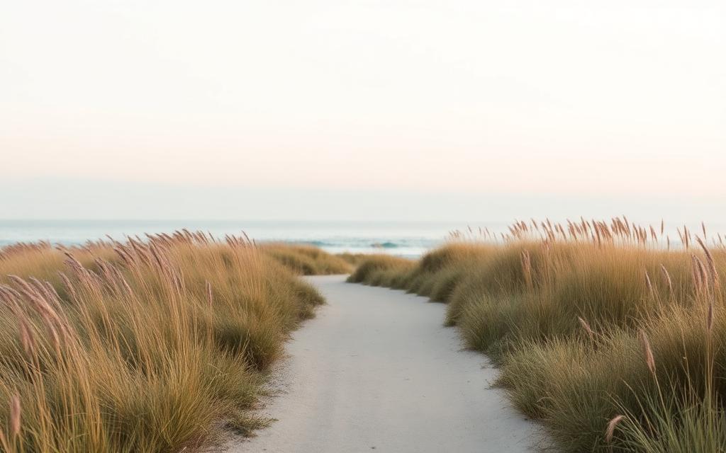 A peaceful coastal path leading toward the sea