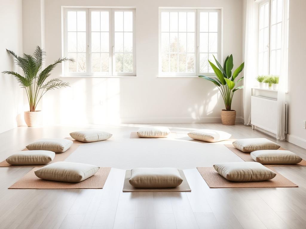 A bright mindfulness studio prepared with meditation cushions