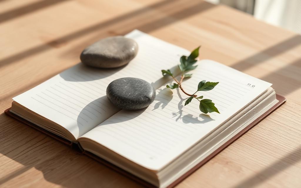 An open reflection journal with stones and a leafy branch