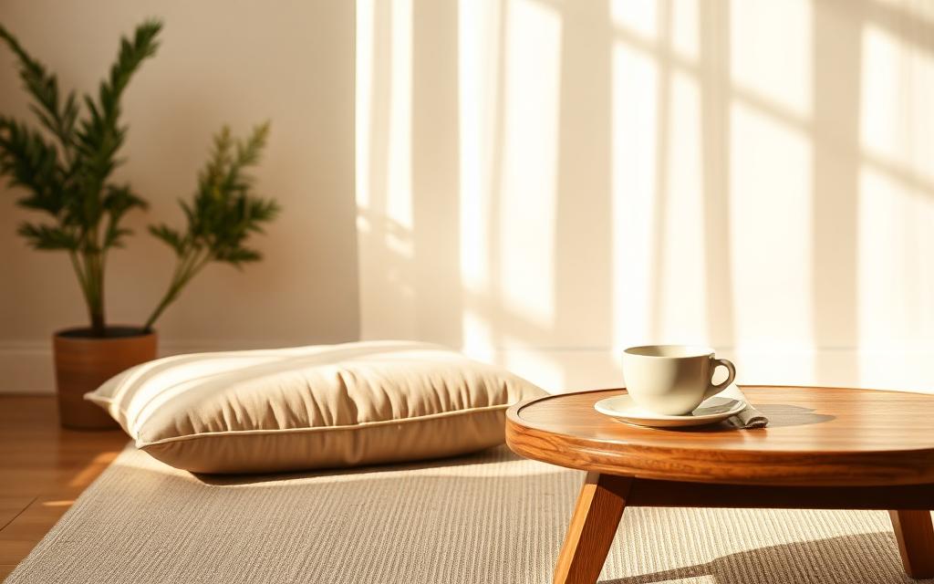 A meditation cushion and tea in a calm sunlit room