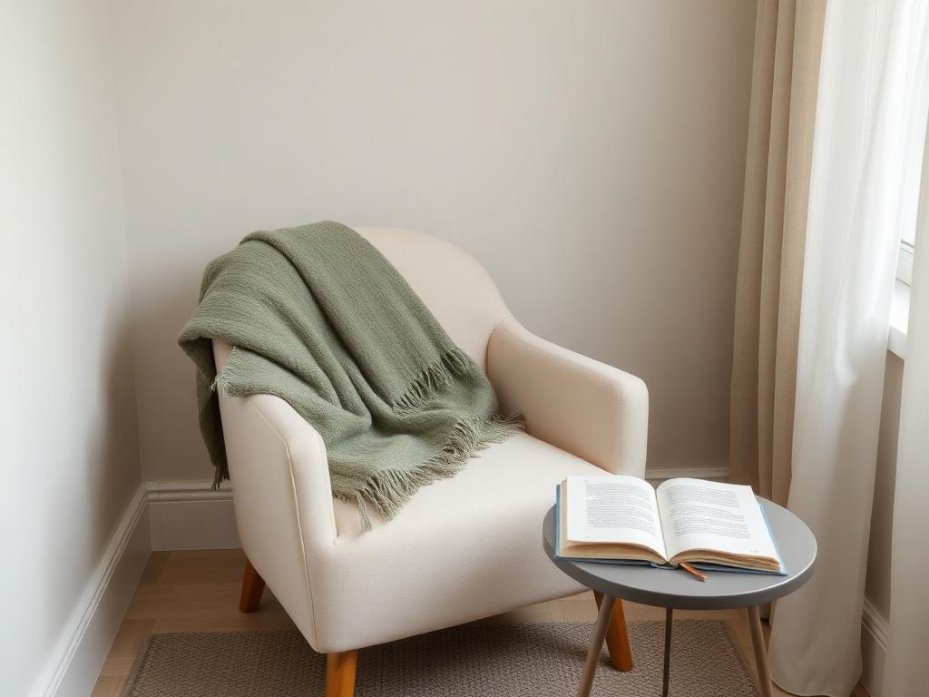 A peaceful reading nook with a soft sage blanket