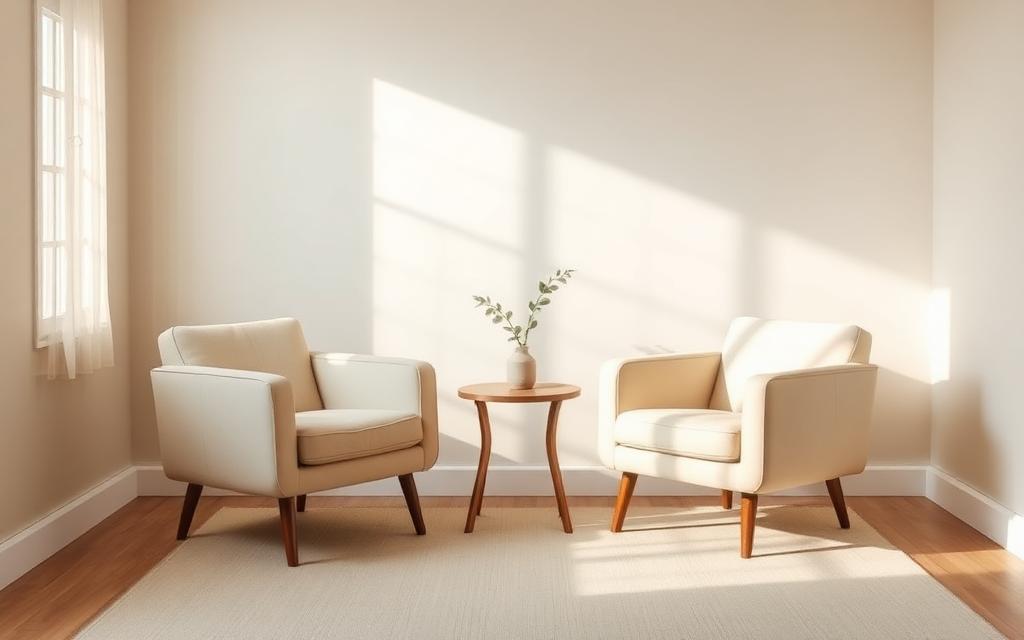 A serene therapy room with two welcoming chairs